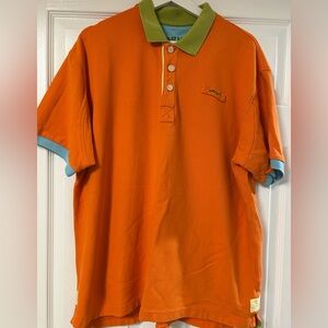 VINTAGE Orvis Orange Polo with Green Collar and Blue Accents